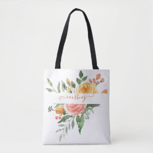 Bolsa Tote Floral personalizado com aquarela rosa e laranja