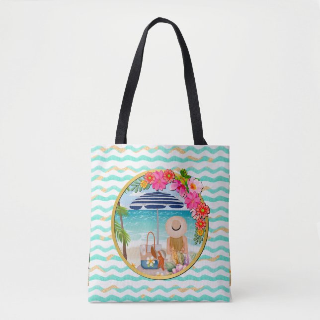 Bolsa Tote Floral Personalizado com Círculo Dourado em Fundo  (Frente)