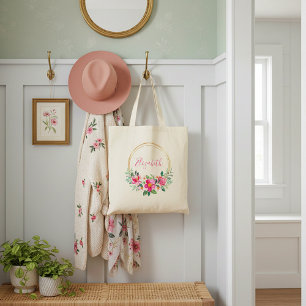 Bolsa Tote Floral personalizado rosa e ouro