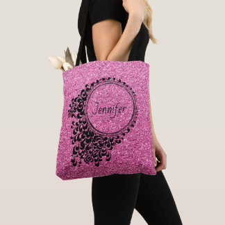 Bolsa Tote Floral Preto, Cor-de-Rosa Moderna, Personalizado
