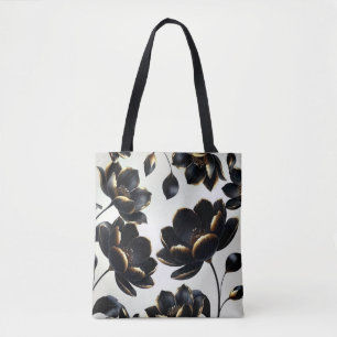 Bolsa Tote Floral Preto e Dourado Bege Escuro Elegante e Somb
