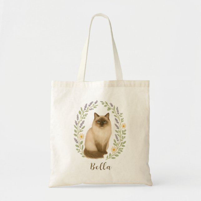 Bolsa Tote Floral Ragdoll Cat Frame Personalized Name (Frente)