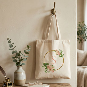 Bolsa Tote Floral Rosa Desbotado Primavera Verdura Nome Monog