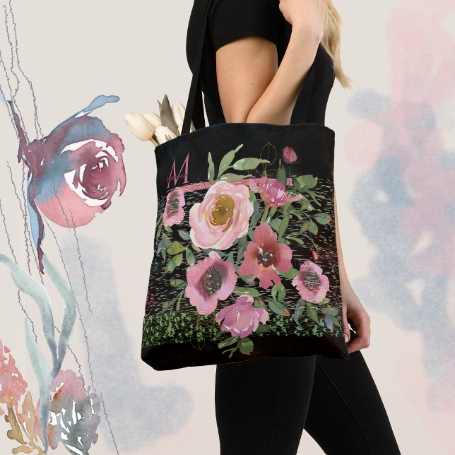 Bolsa Tote Floral Rosa Preto (pink floral black tote bag with Monogram)