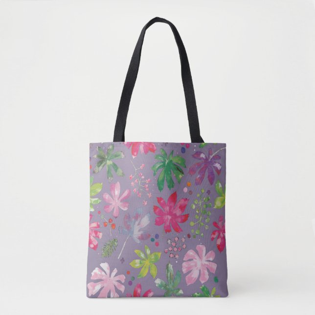 Bolsa Tote Floral Roxa – Botânica Rosa e Verde  (Frente)