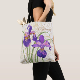 Bolsa Tote floral Roxo Iris Dourado Nome do Monograma