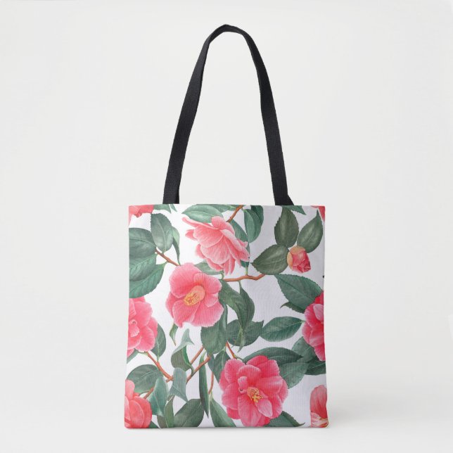 Bolsa Tote Floral sem costura, flores vermelhas da camélia (Frente)