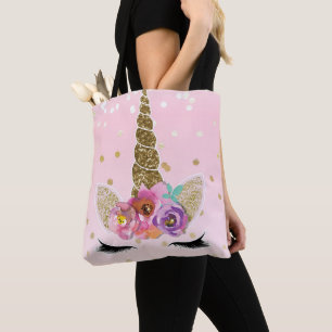 Bolsa Tote Floral Trendy Modern Unicorn Horn Dourado Confetti