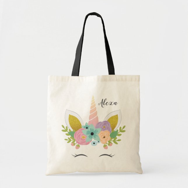 Bolsa Tote Floral Unicorn Faux Dourado Personalizado Tote Bag (Frente)