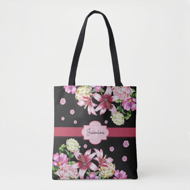 Bolsa Tote Floral Watercolor Peony Lily Personalizada Preto (Frente)