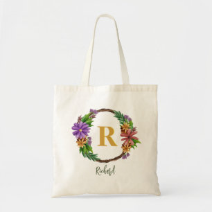 Bolsa Tote Floral Wreath Inicial Letra Monograma Nome Marble