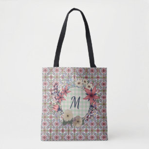 Bolsa Tote Floral Wreath   Padrão Floral   Monograma