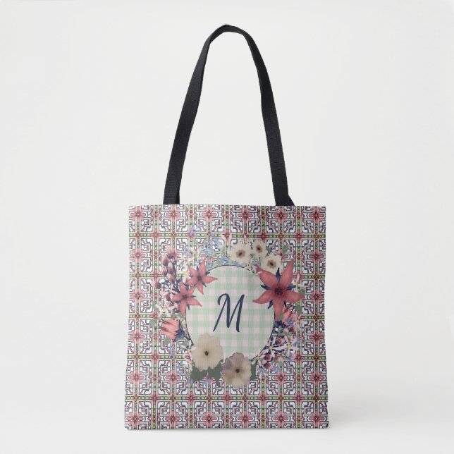 Bolsa Tote Floral Wreath | Padrão Floral | Monograma (Frente)