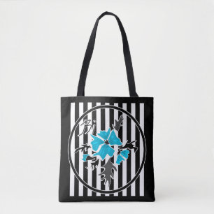 Bolsa Tote Flores abstrato azuis sem costura, preto floral