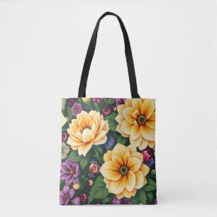 Bolsa Tote Flores Amarelas Brilhantes e Roxas Coloridas