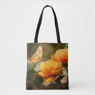 Bolsa Tote Flores Amarelas Profundas Brilhantes com Borboleta