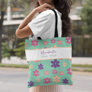 Bolsa Tote Flores Amarelas Rosa-Violeta Bonitas com Nome