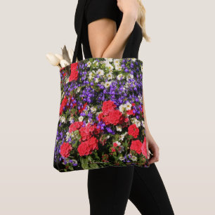 Bolsa Tote Flores anuais roxas, vermelhas e brancas
