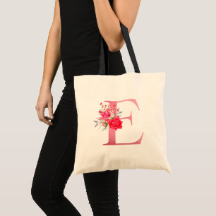 Bolsa Tote Flores Aquarela Monograma Alfabeto Dourado Rosa E