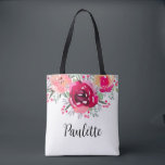 Bolsa Tote Flores Aquarela Personalizadas<br><div class="desc">Dê de presente esta linda bolsa de mão personalizada com flores vibrantes em tons de rosa e creme e personalizada com letras elegantes para alguém especial ou crie para si mesma. ITENS CORRESPONDENTES em nossa loja.</div>