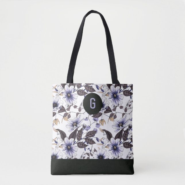 Bolsa Tote Flores azuis claras verdes deixa monograma persona (Frente)
