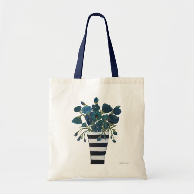 Bolsa Tote Flores azuis com belas artes listradas do vaso (Frente)