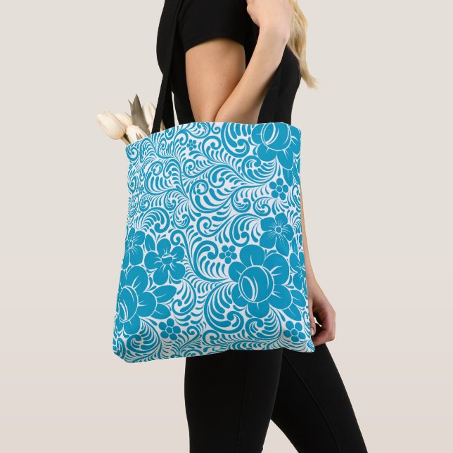 Bolsa Tote Flores Azuis de Arte Moderna ilustradas como Padrã (Close Up)