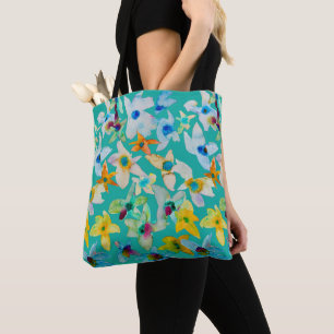 Bolsa Tote Flores azuis de cor aquosa