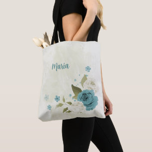 Bolsa Tote flores azuis e brancas
