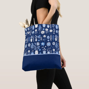 Bolsa Tote Flores Azuis e Brancas em Vases, Bloco de Cor