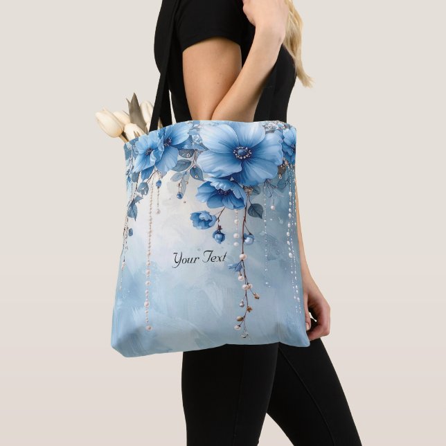 Bolsa Tote Flores Azuis e Pérolas (Close Up)