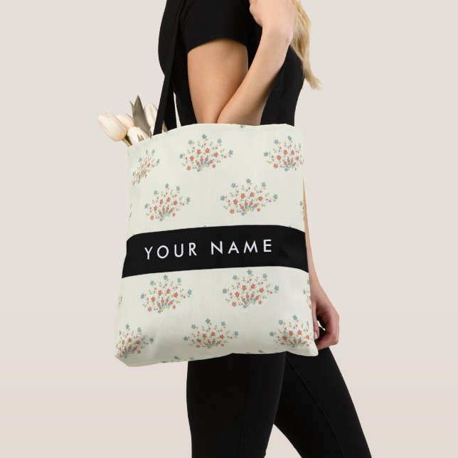 Bolsa Tote Flores Azuis e Vermelhas, Preto, Seu Nome (Close Up)