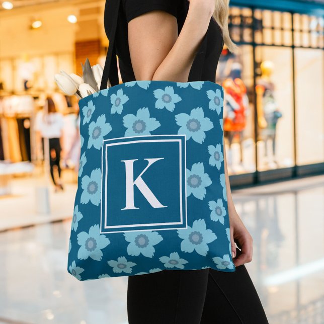 Bolsa Tote Flores Azuis Em Monograma Azul De Fundo (Criador carregado)