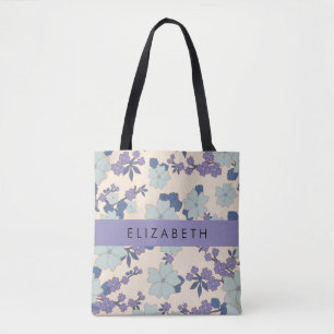 Bolsa Tote Flores Azuis, Flores Roxas, Floral, Seu Nome