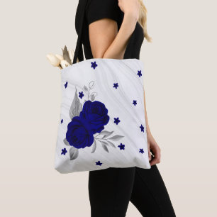 Bolsa Tote Flores azuis reais, folhas de prata, sacola de bol