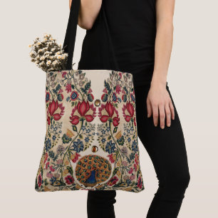 BOLSA TOTE FLORES AZUIS VERMELHOS AMARELOS E PEACOCK