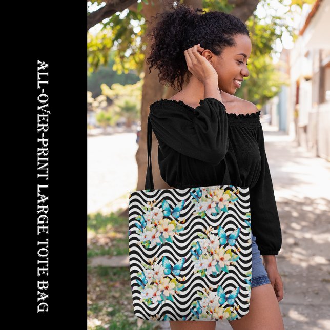 Bolsa Tote Flores Borboletas Padrão Preto Listras Brancas (Flowers Butterfly Pattern Black White Wavy Stripes Tote Bag, blue, black & white, floral, large bag,)