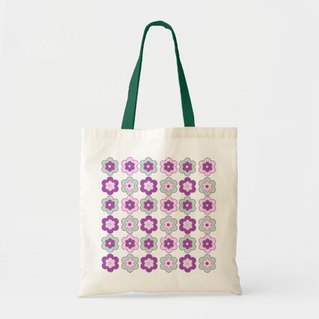 Bolsa Tote Flores Borbulhantes Retro (Roxo e Verde) Padrão (Frente)