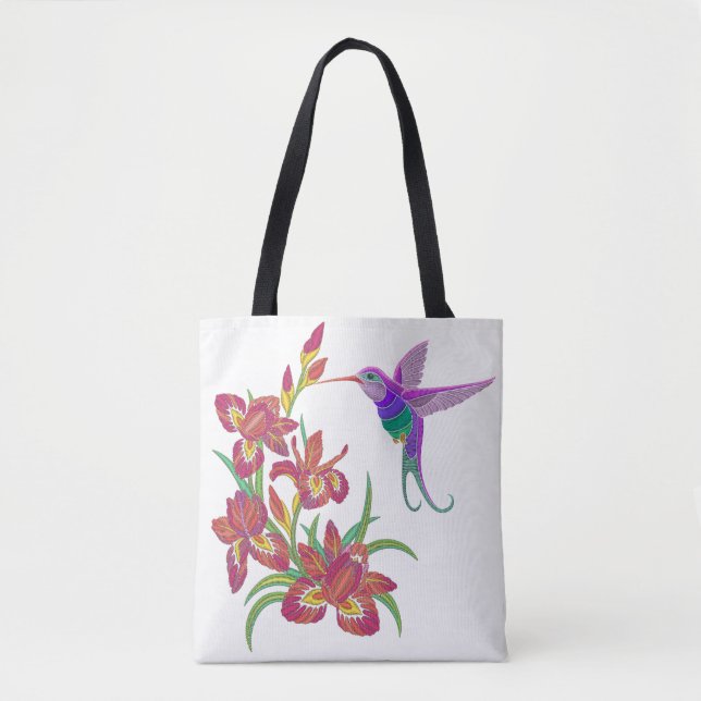 Bolsa Tote Flores bordadas do colibri e da íris (Frente)