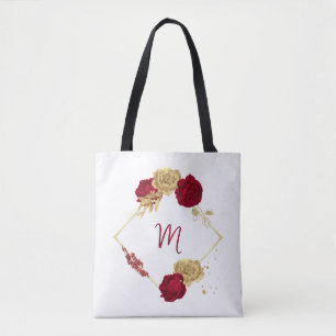 Bolsa Tote flores borgonha & folhas douradas branco