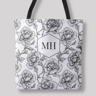 Bolsa Tote Flores Botânicas Elegantes Florais Monograma Preto