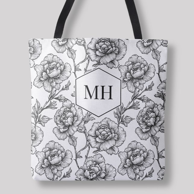 Bolsa Tote Flores Botânicas Elegantes Florais Monogramas Pret (Black Monogram Floral Elegant Botanical Flowers Tote Bag)