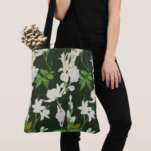 Bolsa Tote Flores brancas 1 verde escuro