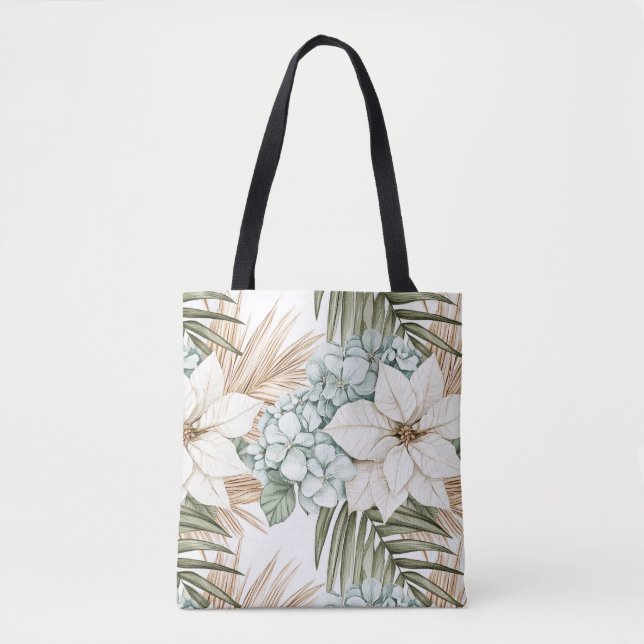 Bolsa Tote Flores Brancas Azuis Tropicais   (Frente)