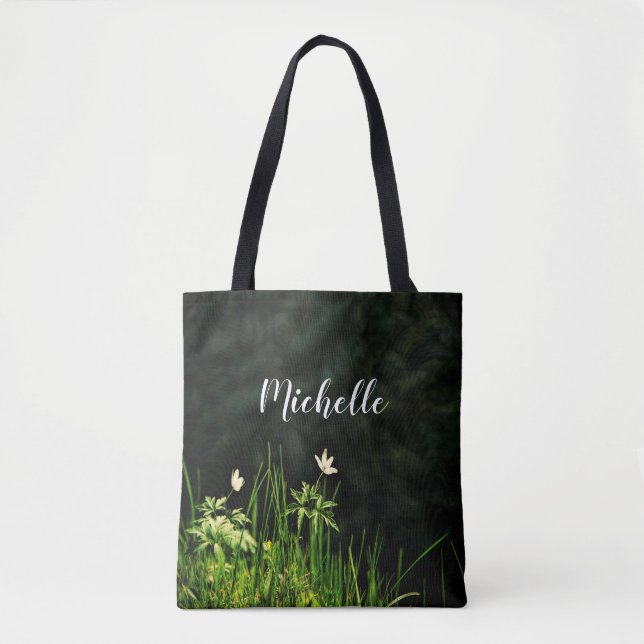 Bolsa Tote Flores brancas, com nome verde (Frente)