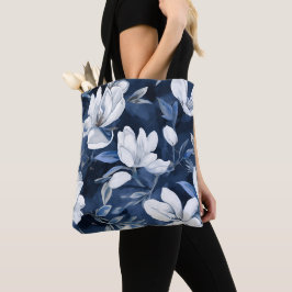 Bolsa Tote Flores Brancas da Magnolia, Fundo Azul