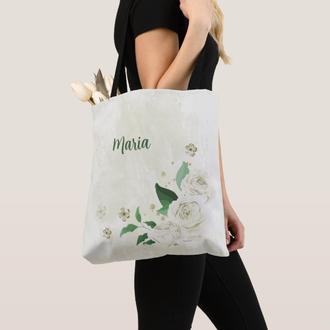 Bolsa Tote flores brancas de marfim folhagem (Close Up)