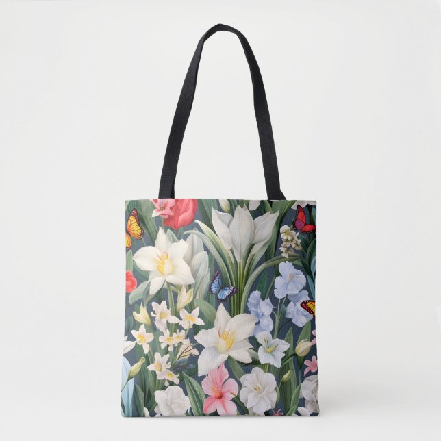 Bolsa Tote Flores brancas e borboletas (Frente)