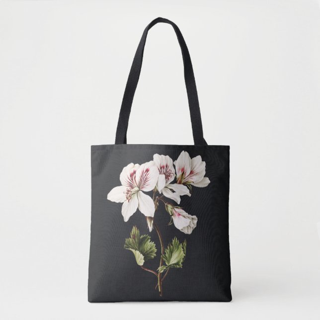 Bolsa Tote Flores brancas e cor-de-rosa em preto (Frente)