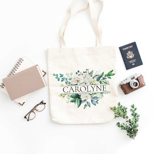 Bolsa Tote Flores Brancas e Nome Personalizado de Bridesmaid